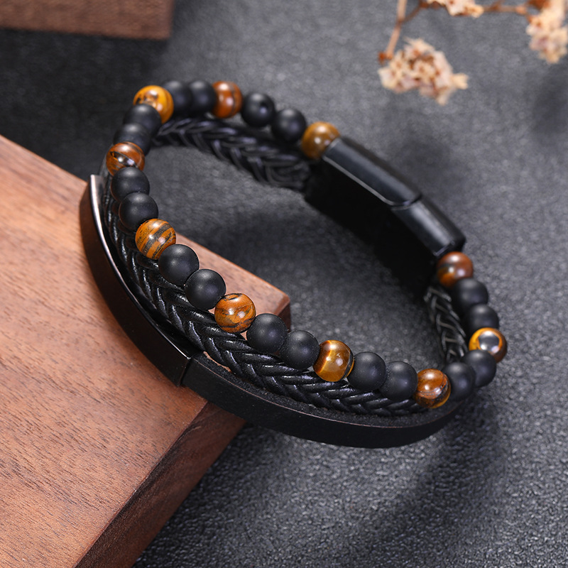 men's woven leather black bracelet