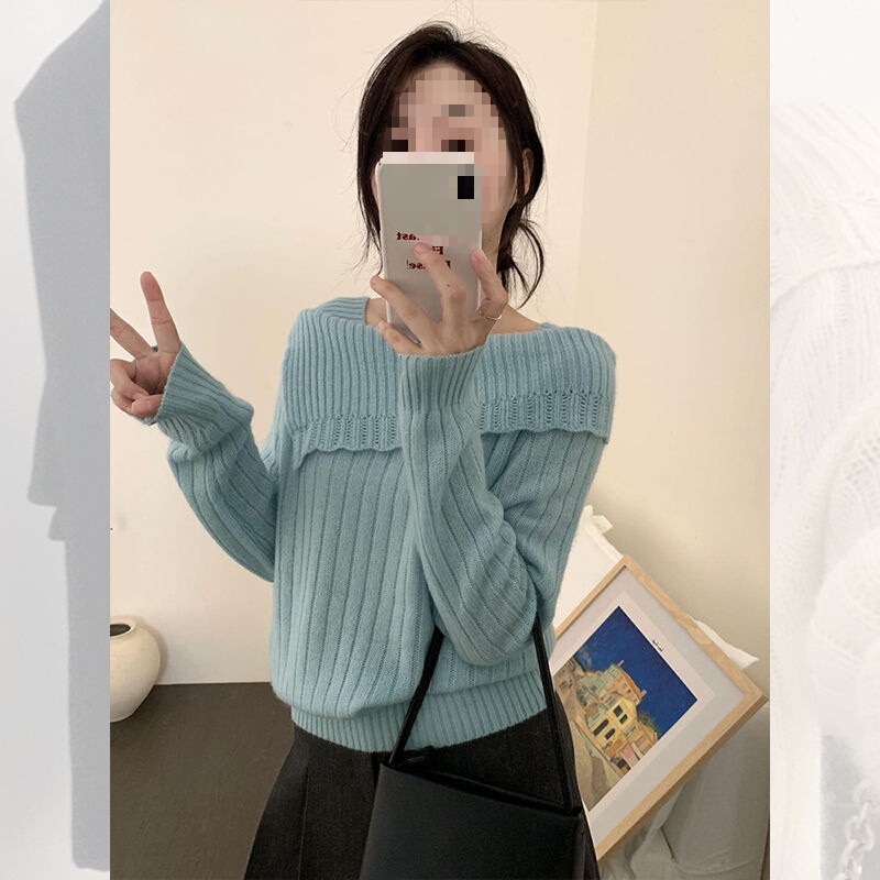 设计感斜肩花朵灰色毛衣针织衫女秋季韩系氛围感穿搭露肩长袖上衣|undefined