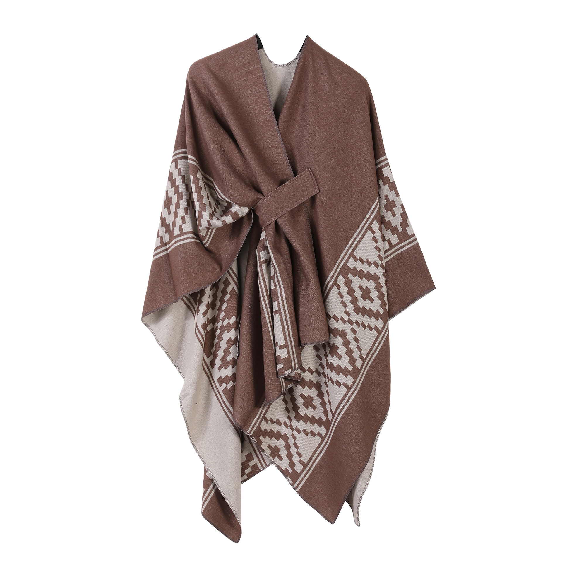 Chal de capa de doble cara lisa europea y americana con marco de puerta a rayas para mujer