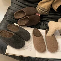 復古圓頭包頭半拖鞋女秋冬外穿棉鞋懶人一腳蹬厚底加絨勃肯鞋