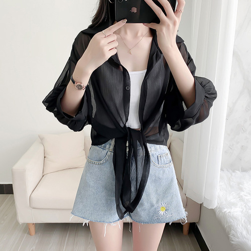 Chiffon air-conditioning shirt, transparent top, sheer sun-protection garment for women—outdoor summer wrap with tie-up design, short and casual sunscreen blouse