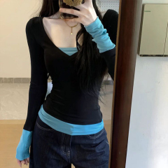 美式辣妹假两件长袖T恤女秋季韩版修身显瘦正肩V领露锁骨短款上衣