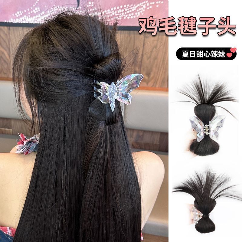 Cristal mariposa pelo clip peluca mujer pelo artificial chica caliente pollo nido cabeza esponjosa pelo natural clip de pollo pluma shuttlecock cabeza peluca