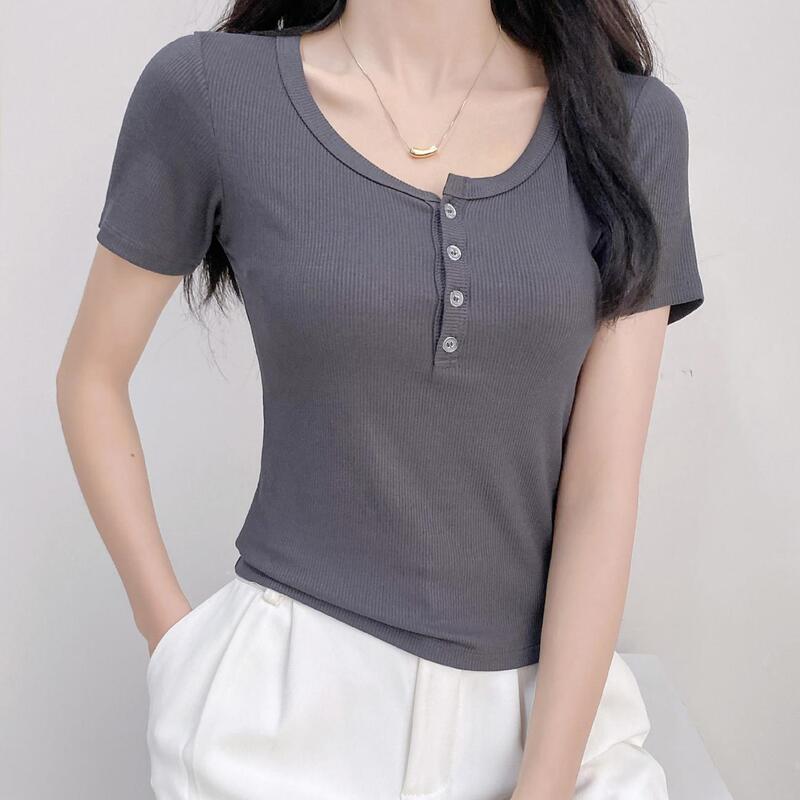 Women's short-sleeve t-shirt, cropped, slim-fit, round-neck top for summer 2026, trendy solid color base shirt Women's short-sleeve t-shirt, cropped, slim-fit, round-neck top for summer 2026, trendy solid color base shirt