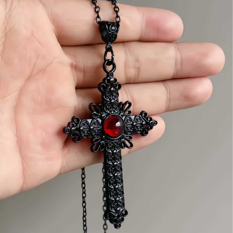 European and American Victorian Large Cross Necklace Gothic Celtic Style Inlaid with Red Crystal Women's Accessories Manufacturer