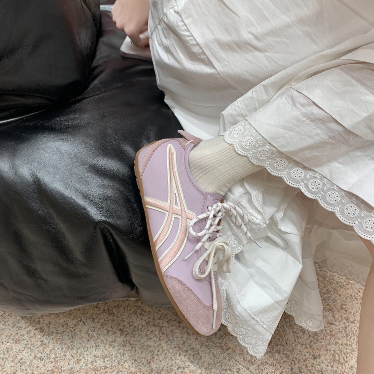 Versión de cuero de vaca ~ Grape Madre con el mismo color de moda doble cordón de zapatos de entrenamiento casuales de cabeza cuadrada zapatos deportivos casuales de mujer