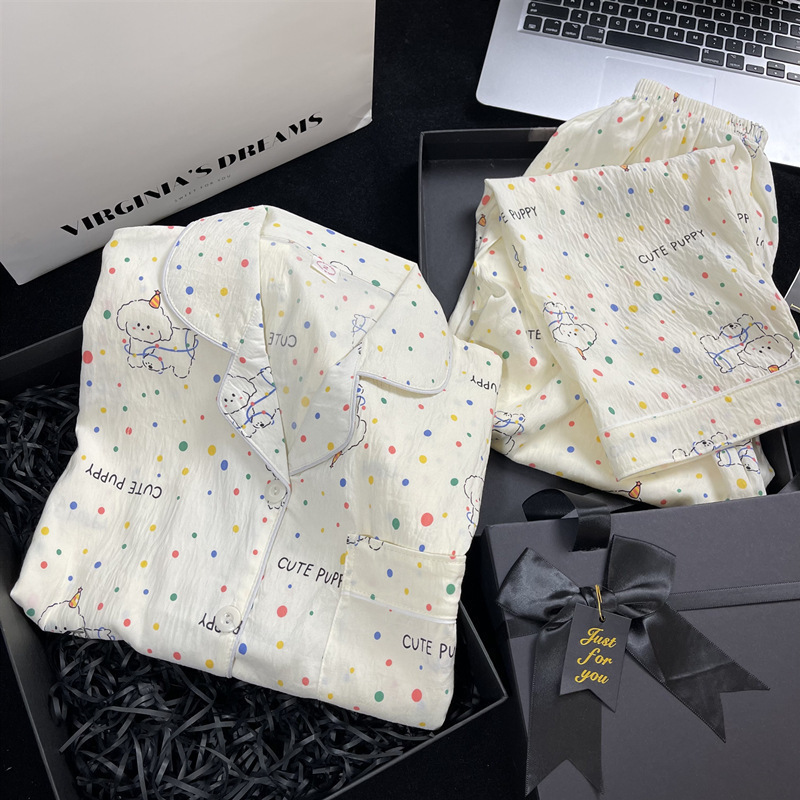 2025年新作 レディースパジャマ 春秋 クラウドコットンガーゼ 長袖長ズボン 日本風ins風 小犬柄 ホームウェア 夏