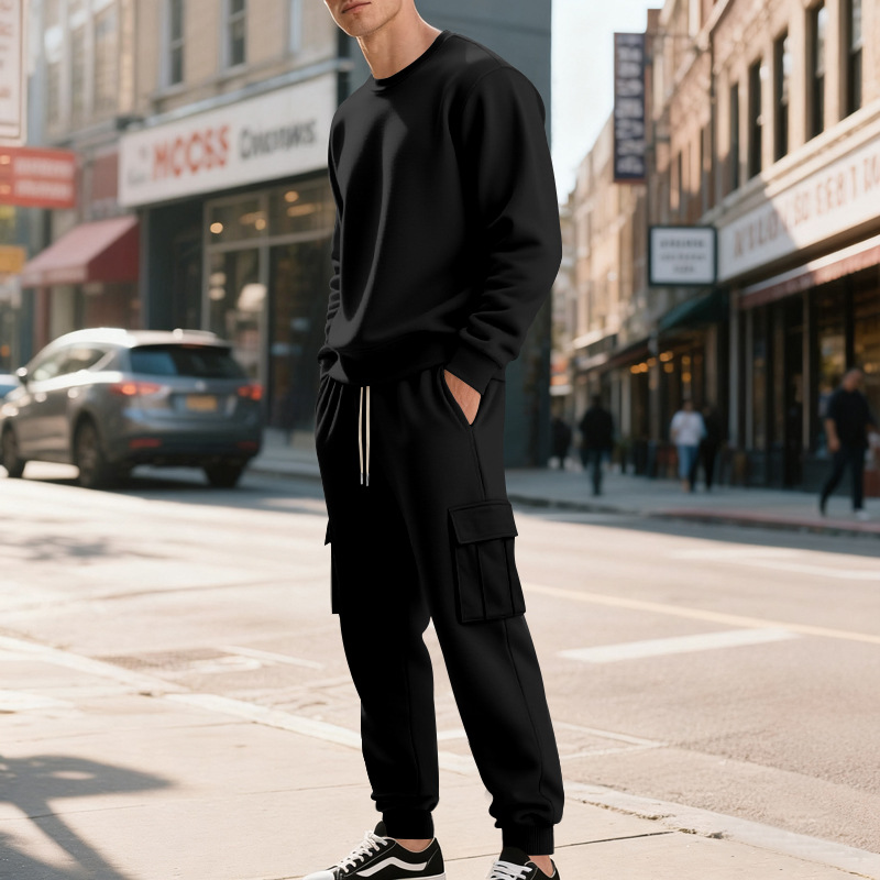 Europe, America, Autumn And Winter Heavy Velvet Men's Loose Casual Sports Tooling Round Neck Solid Color Sweater Trousers Set_viptrois.com