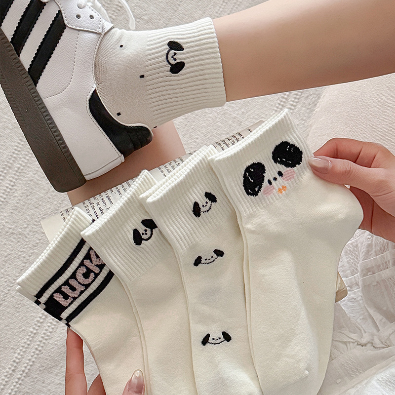 Spring and Summer Combed Cotton Black and White Embroidered Dog-Themed Ankle Socks, Ins-Style Embroidered Seamless Short Socks, Zhuji Socks, Short Socks