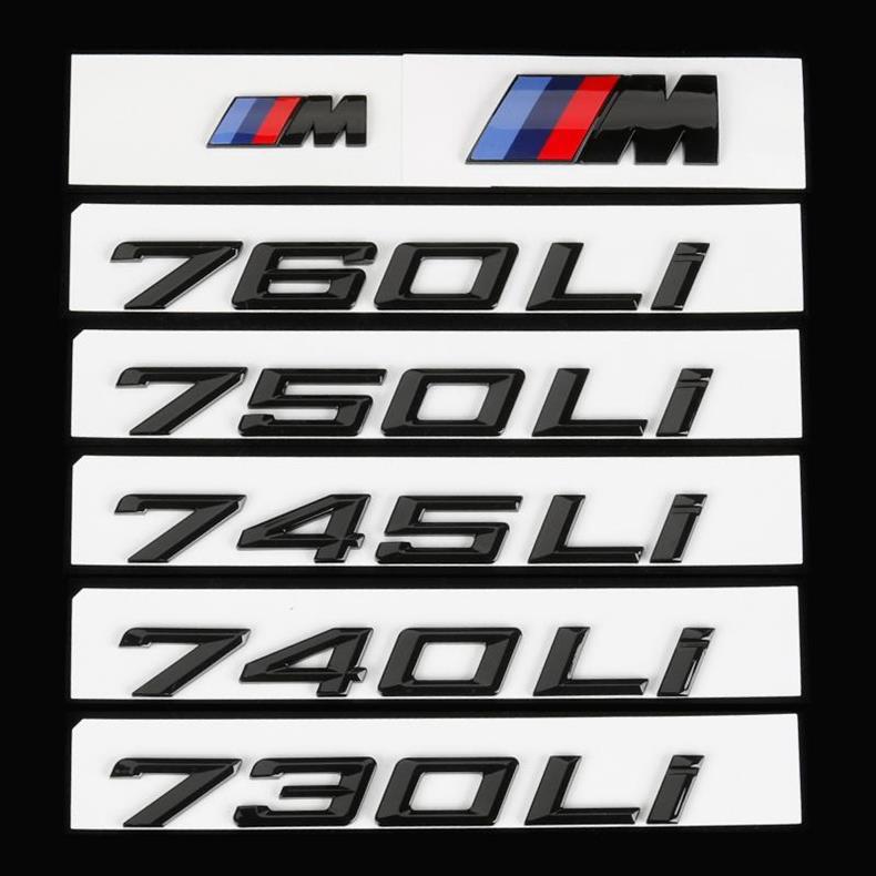 BMW 7 Series black lettering modification, digital M emblem for 730Li, 740Li, and 750Li models, available in glossy black and matte black