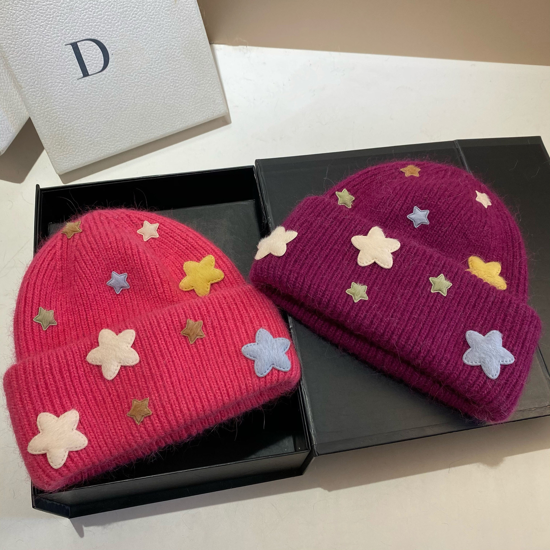 Gorro beanie de punto para mujer de pelo de conejo invierno_voghion.com