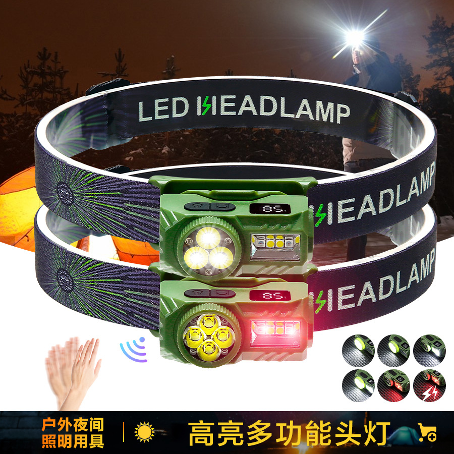 Nuevo transfronterizo de cuatro ojos de luz intensa inducción de farol multifunción visualización digital impermeable luz portátil de luz intensa