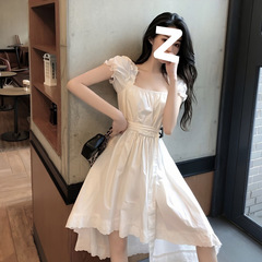2025夏季新款法式复古方领裙收腰显瘦设计感白色短袖连衣裙女跨境