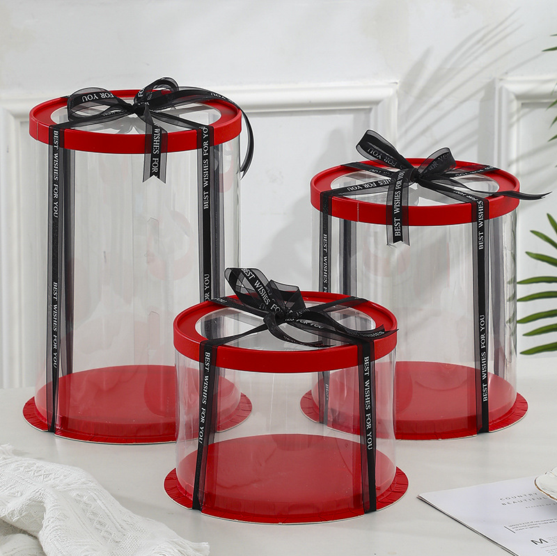 Red round transparent cake packaging box single double high three-in-one cake baking packaging box dessert food paper box