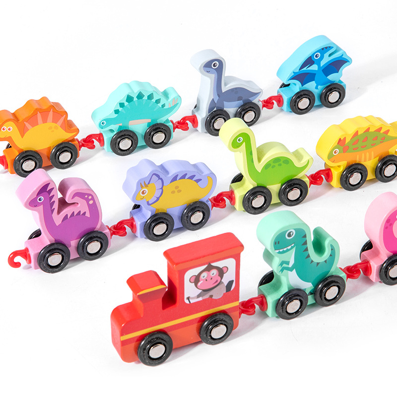 Bloques de construcción de tren de dinosaurio magnéticos de madera transfronterizos que ensamblan la educación temprana Push-Pull kindergarten color digital juguetes cognitivos image 6