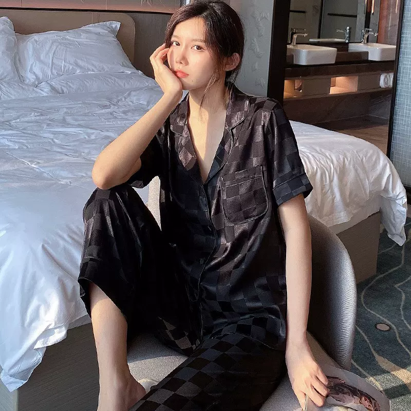 方格夏季冰丝睡衣女士大码高级感开衫时尚休闲短袖长裤家居服套装
