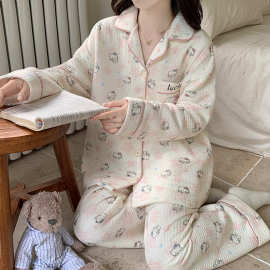 睡衣秋冬季夹层棉家居服可爱卡通翻领加厚绒三层棉保暖可外穿套装