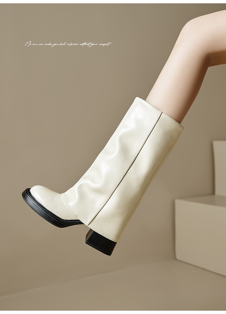 Boot nữ da thật cổ cao gót chunky đế xuồng màu trắng, kiểu dáng ôm chân, mùa thu đông — Lớp lót nhung đen, Lớp lót đơn màu trắng nhạt, Lớp lót đơn màu xám, Lớp lót nhung màu xám chi tiết 18