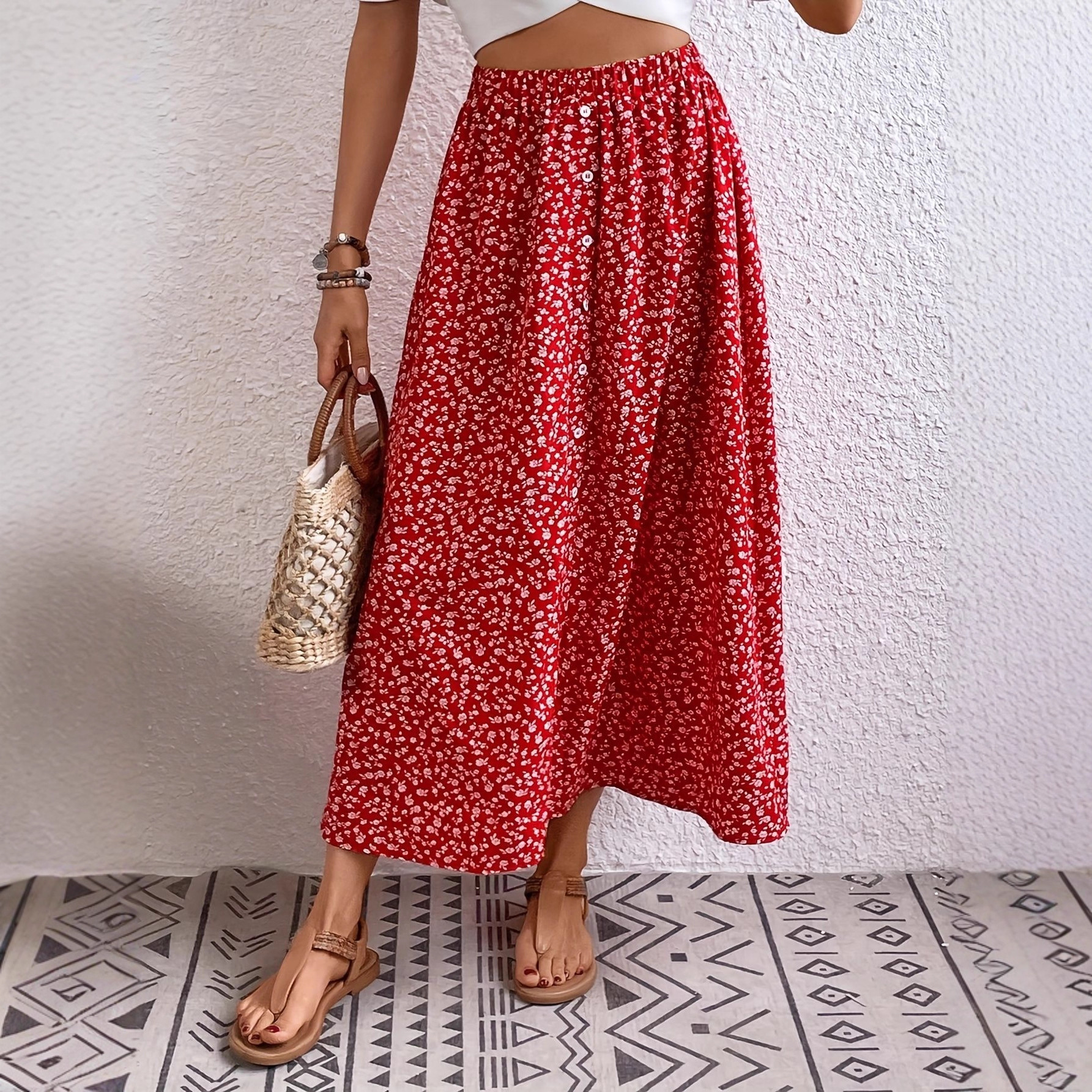 Cross-Border European and American Clothing Amazon Temu Women's Printed Front Slit Fake Button Skirt