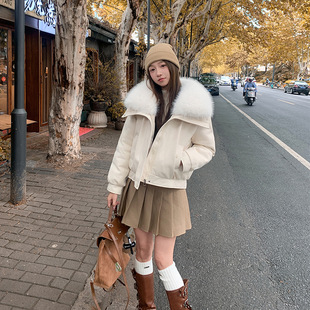 New Lamb Wool Big Fur Collar Women's Short Style High-End Lady Style Small Winter down Cotton Outwear
