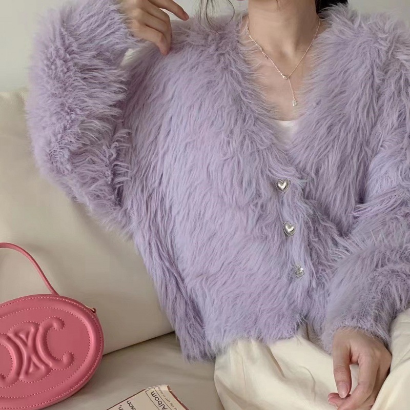 Autumn and Winter Xiaoxiang Style Knitted Cardigan Women's Plush Coat Atmospheric Soft Waxy Imitation Mink Candy Color Sweet Sweater
