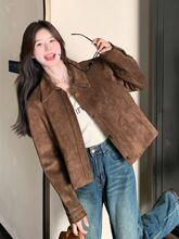 美拉德复古鹿皮绒短款外套女2025春春季新款休闲翻领百搭夹克上衣