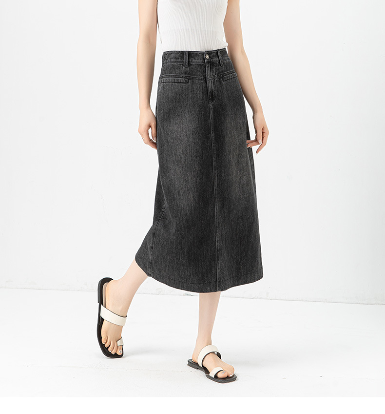 Váy denim Tencel nữ cạp cao chữ A dài vừa phải — đen chi tiết 4
