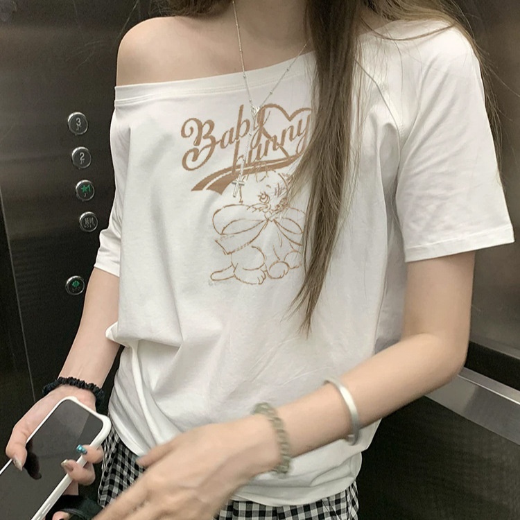 White Off-The-Shoulder Short-Sleeve T-Shirt for Women, Summer New Style with Cartoon Cat Print, Fashionable Versatile Top for Women