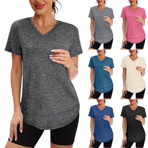 Amazon European and American Cross-Border 2026 Summer V-Neck Sports Quick-Drying Solid Color T-Shirt Short-Sleeved Running Fitness Sweatshirt for Women