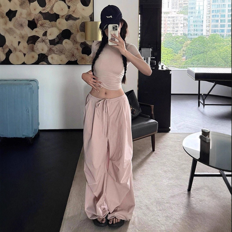 Casual Suit, Waist Slimming, Right Shoulder Short-Sleeved T-Shirt, Women's Summer Drawstring Wide-Leg Pants, Quick-Drying Cargo Pants Two-Piece Set Casual Suit, Waist Slimming, Right Shoulder Short-Sleeved T-Shirt, Women's Summer Drawstring Wide-Leg Pants, Quick-Drying Cargo Pants Two-Piece Set