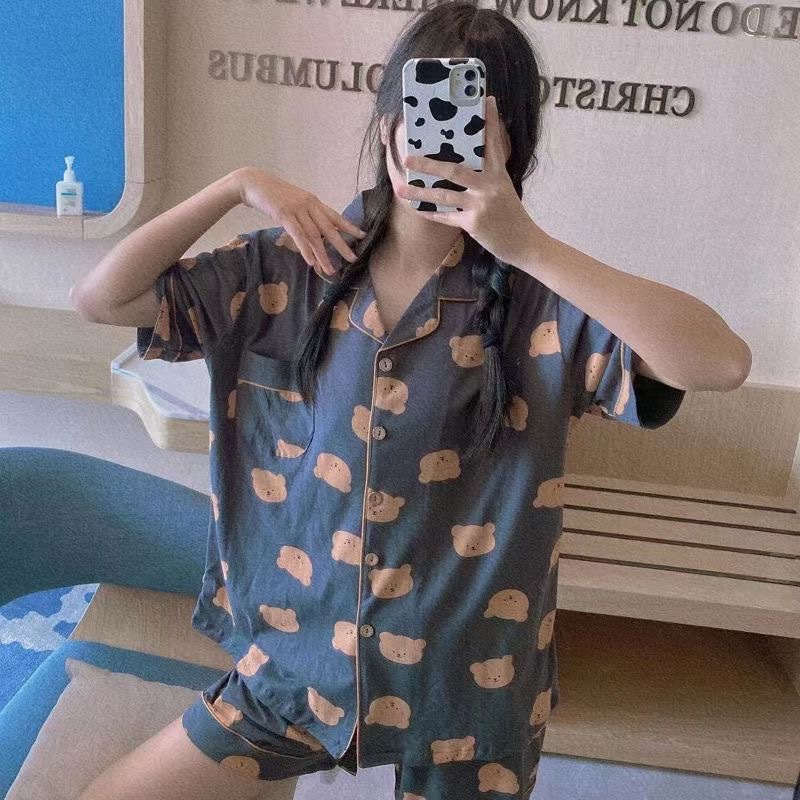 Pijamas de verano de las mujeres de manga corta linda chica Corazón de dibujos animados solapa desgaste del hogar WeChat transmisión en vivo en línea traje de entrega de una pieza