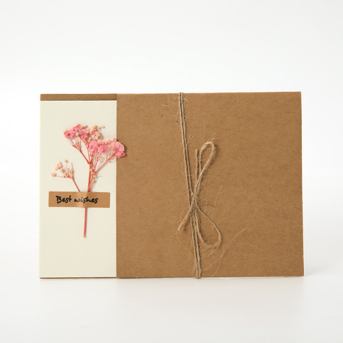 Retro-style dried plant flower birthday greeting card, handmade foldable thank you DIY small card, simple design.
