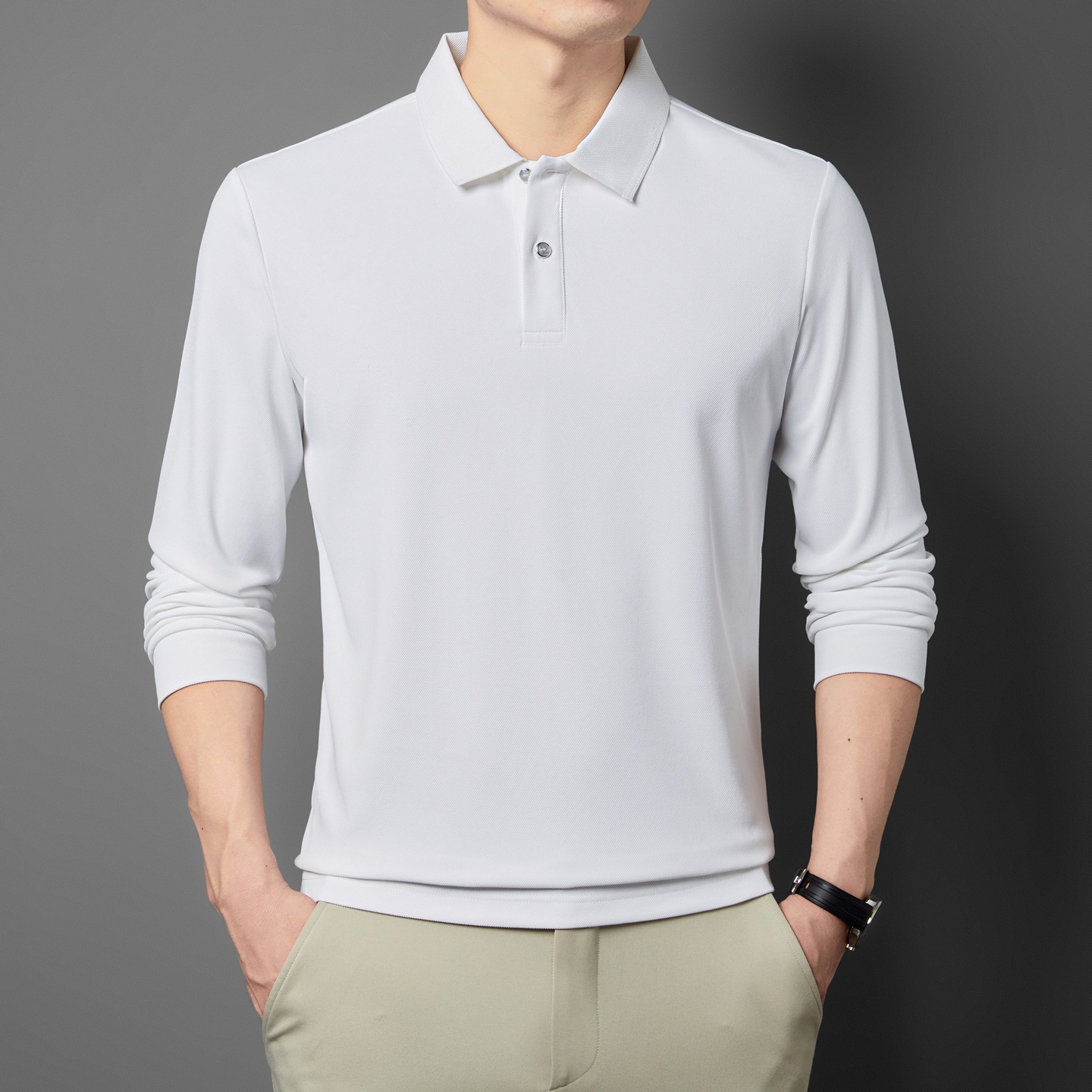 Fashionable and simple solid color collared undershirt for middle-aged and young men, new spring and autumn style, business casual and versatile top.