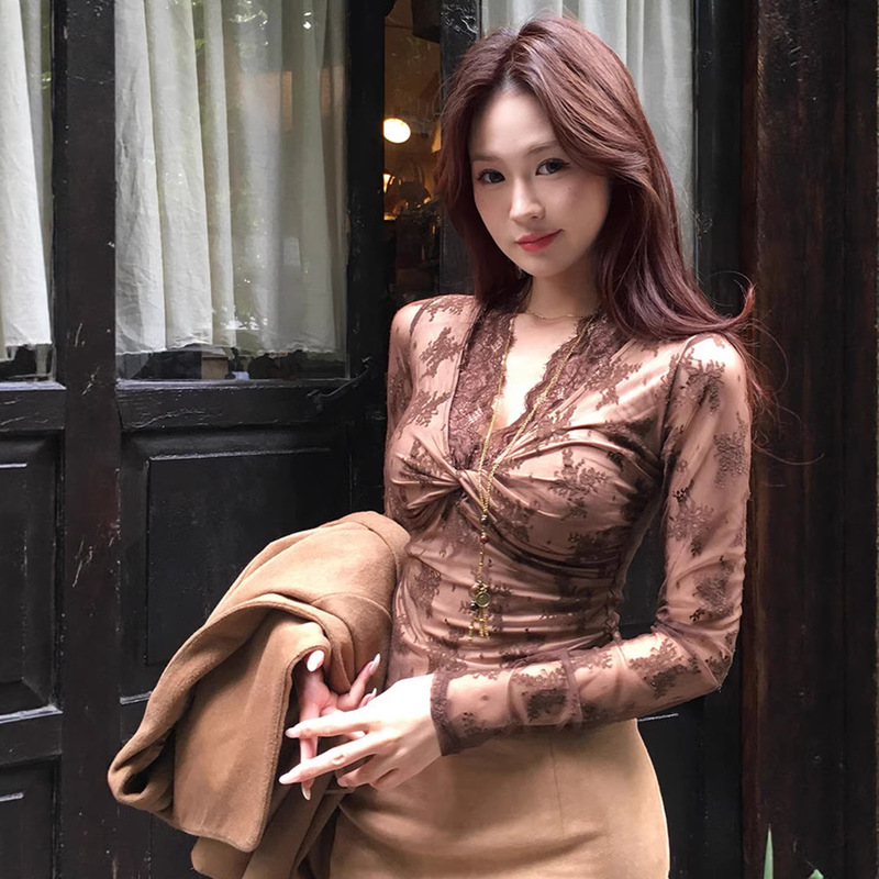 Purely Sexy Socialite Girl's Sexy V-Neck Twist-Knot Base Shirt, Thin Lace Patchwork Long-Sleeve T-Shirt Top for Women Purely Sexy Socialite Girl's Sexy V-Neck Twist-Knot Base Shirt, Thin Lace Patchwork Long-Sleeve T-Shirt Top for Women