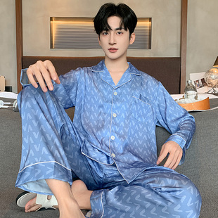 Ice Silk Pajamas for Men 2025 New Spring and Autum Thin Plus Fat Plus Size Long-Sleeved Suit Home Clothes B9-527