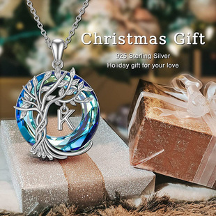 Longrui's New Tree of Life a - Z Initial Necklace Round Blue Austrian Crystal Women's Pendant Necklace