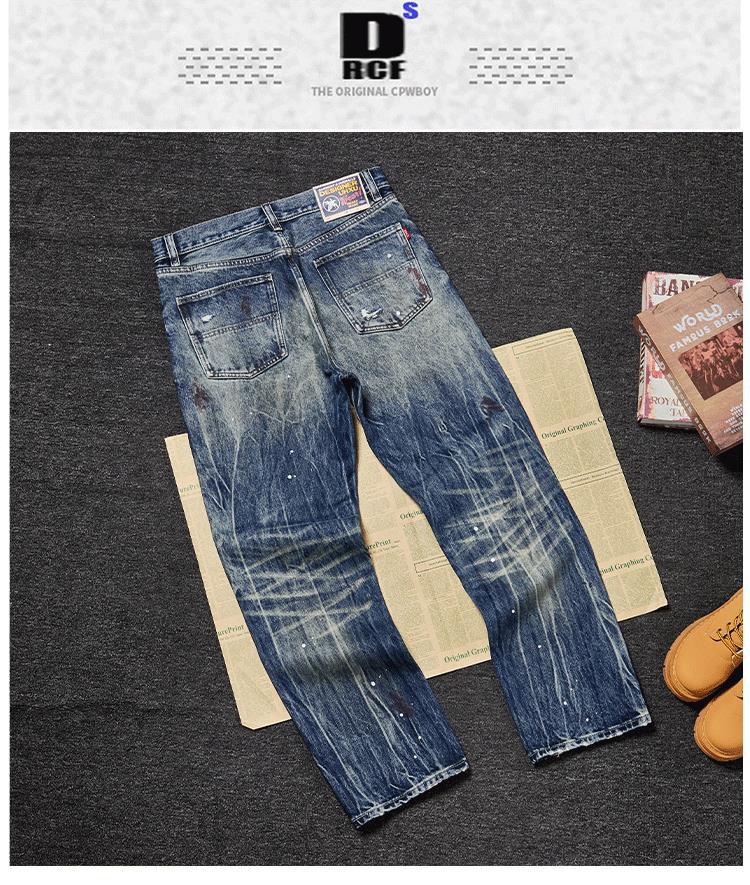 ​​Men's Premium Heavyweight Vintage Jeans – Streetwear Distressed Washed Denim Pants, Relaxed Straight-Leg Fit, Light Blue​​_mkmklike.com