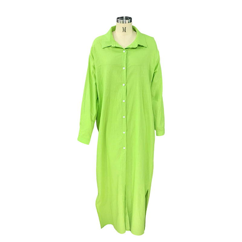 Fall Women Clothing Solid Color Loose Lapels Mid Length Cotton Linen Shirt Dress
