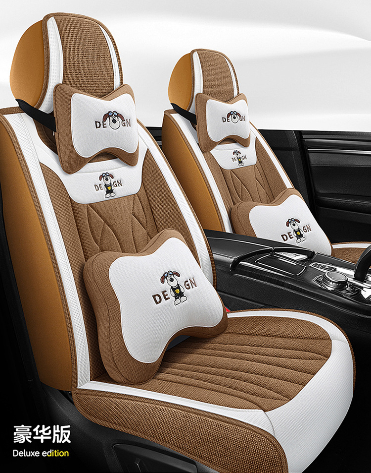 Car Seat Cushion Full Surround, Universal for All Seasons, Cartoon Linen Fabric Car Seat Cover, Special Seat Cover for Small Cars