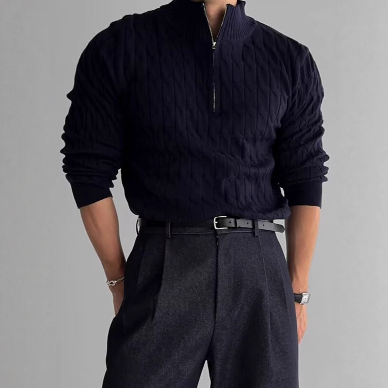 Half Turtleneck Zipper Knitwear Men's High-End Thick Hemp Pullover Long-Sleeved Knitwear Fashionable and Versatile White Jacket