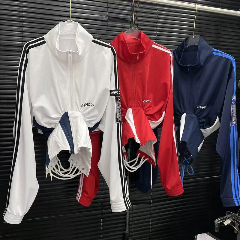 American Retro Color-Blocking Short Jacket for Women with Tie Design, Fishbone Waist Slimming, Stand Collar, Sun Protection Top, Trendy