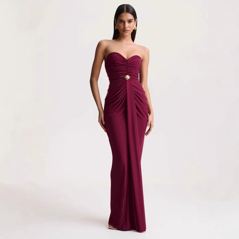 European and American Women's Fashion New Style Elegant Bustier Ruched Three-Dimensional Design High-End Backless Long Dress Wholesale Waist-Cinching