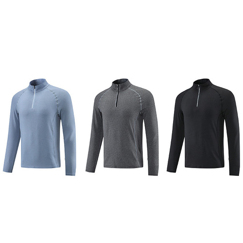 Quick-dry Pro Muscle Cross-border Long-sleeve T-shirt for Men, Stand-up Collar, Solid Color, Reflective Strips, Sports Fitness Basketball Soccer Wear