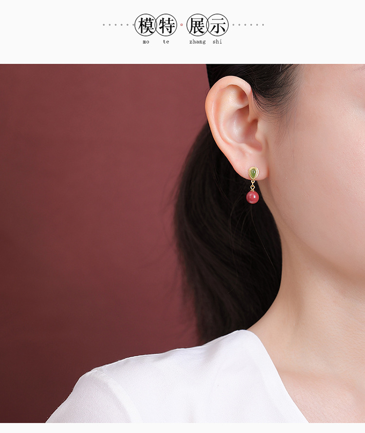Khuyên tai nữ bạc S925 mạ vàng đính đá jasper hạt tròn hình giọt nước — Một cặp chi tiết 6