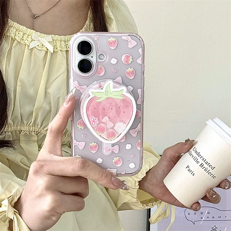 Подставка для магнитного притяжения через розовую клубничную качалку для iphone16Promax яблоко 15 чехол для телефона 14 женщин 13