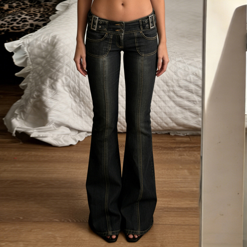 American-Style Sexy Low-Waist Hot Girl Style Metal Buckle Slim-Fit Denim Pants Millennium Retro Washed Vintage Flared Pants for Women
