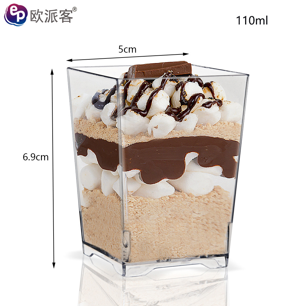 Copa de mousse desechable Taza de postre PS Taza de plástico Taza de pudín Taza redonda de punto de fábrica Taza cuadrada