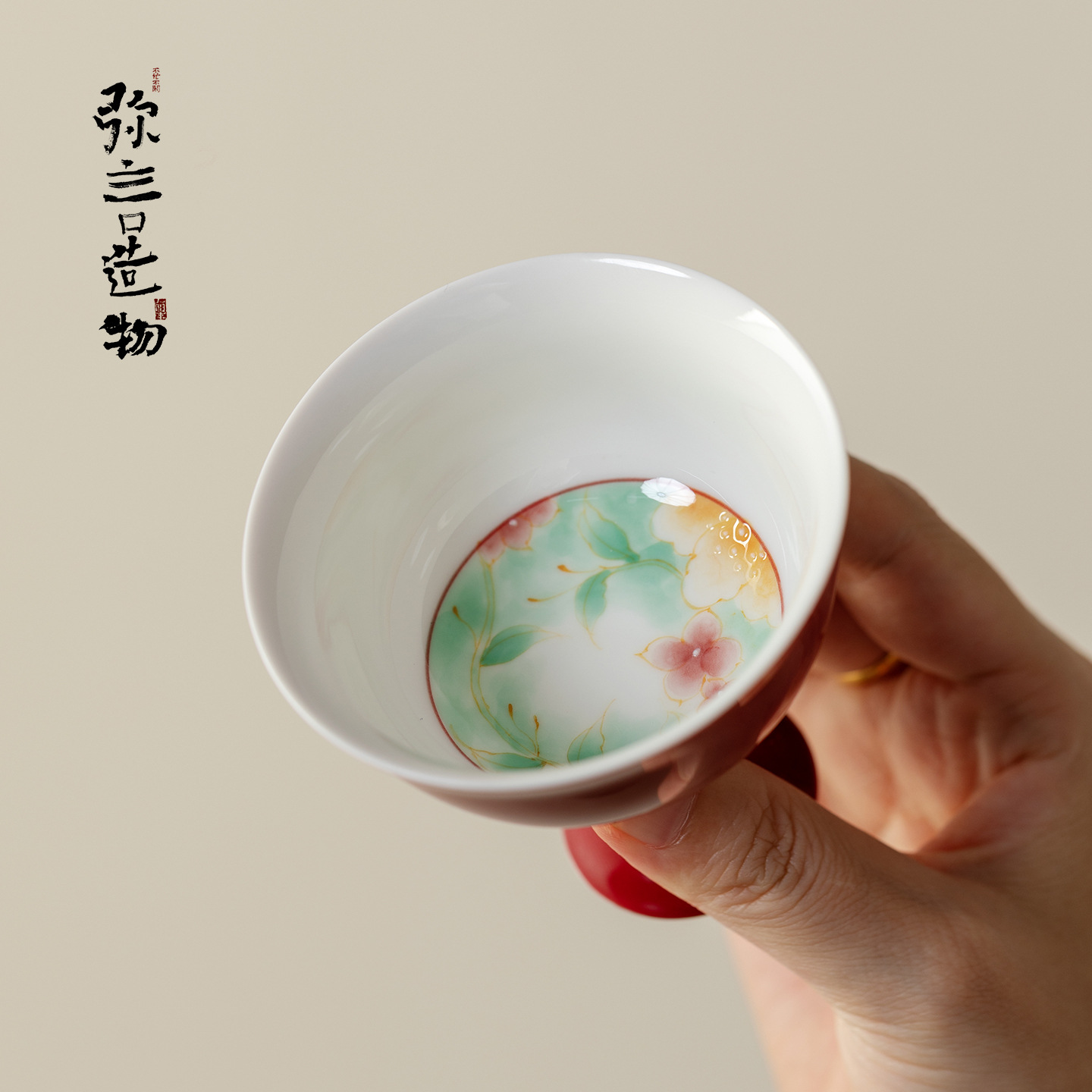 弥言郎红花畔燕归陶瓷高脚主人杯家用高足茶杯功夫茶具品茗杯高档