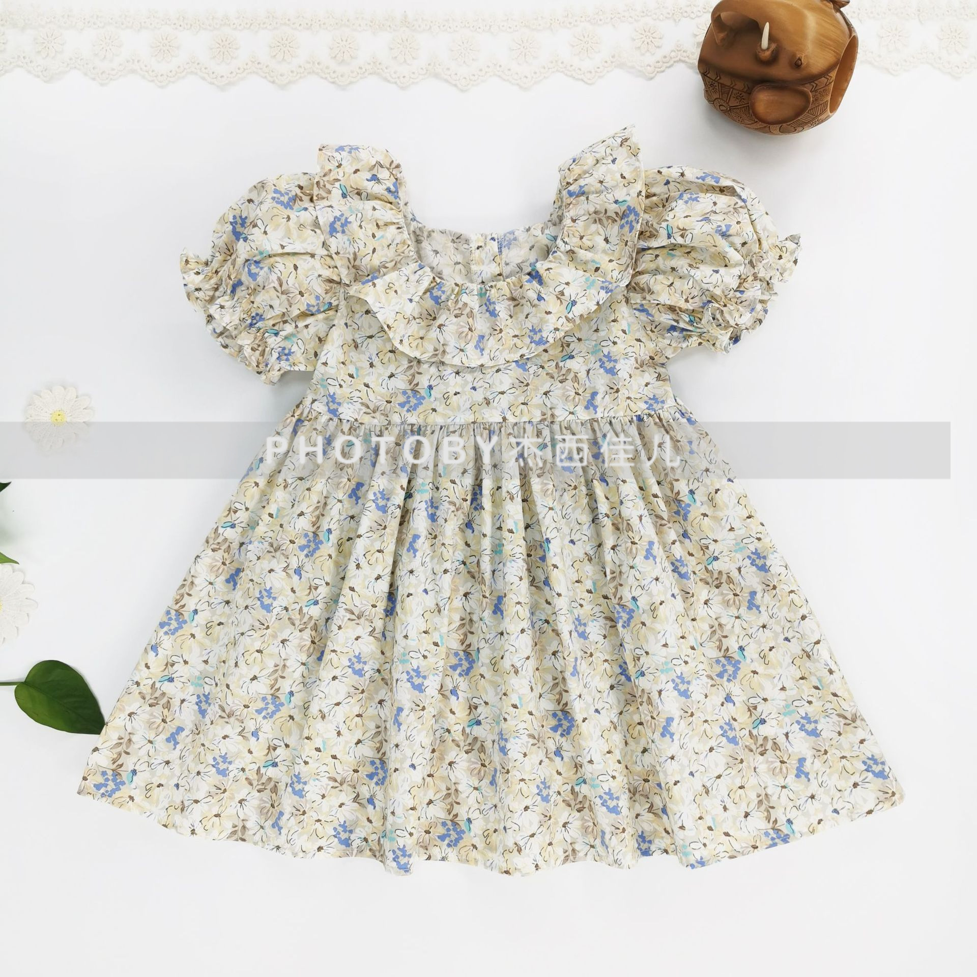 Ins falda de muñeca de verano coreana niña bebé lazo manga abullonada vestido de princesa vestido de cuello cuadrado floral