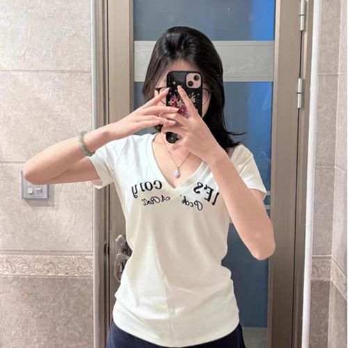 【220g 40 pcs pure cotton】letter embroidery V-neck short-sleeve t-shirt women slim fit short top white